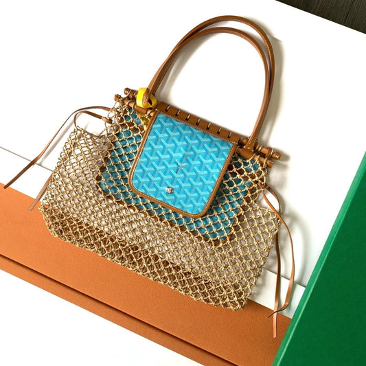 ALIGRE BAG 40 IN BABY BLUE WOVEN RAFFIA AND CALFSKIN