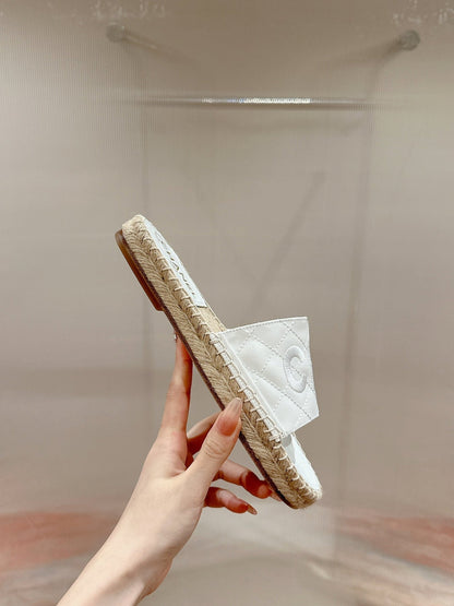 FLAT SLIPPERS IN WHITE LAMBSKIN MIX BEIGE WOVEN