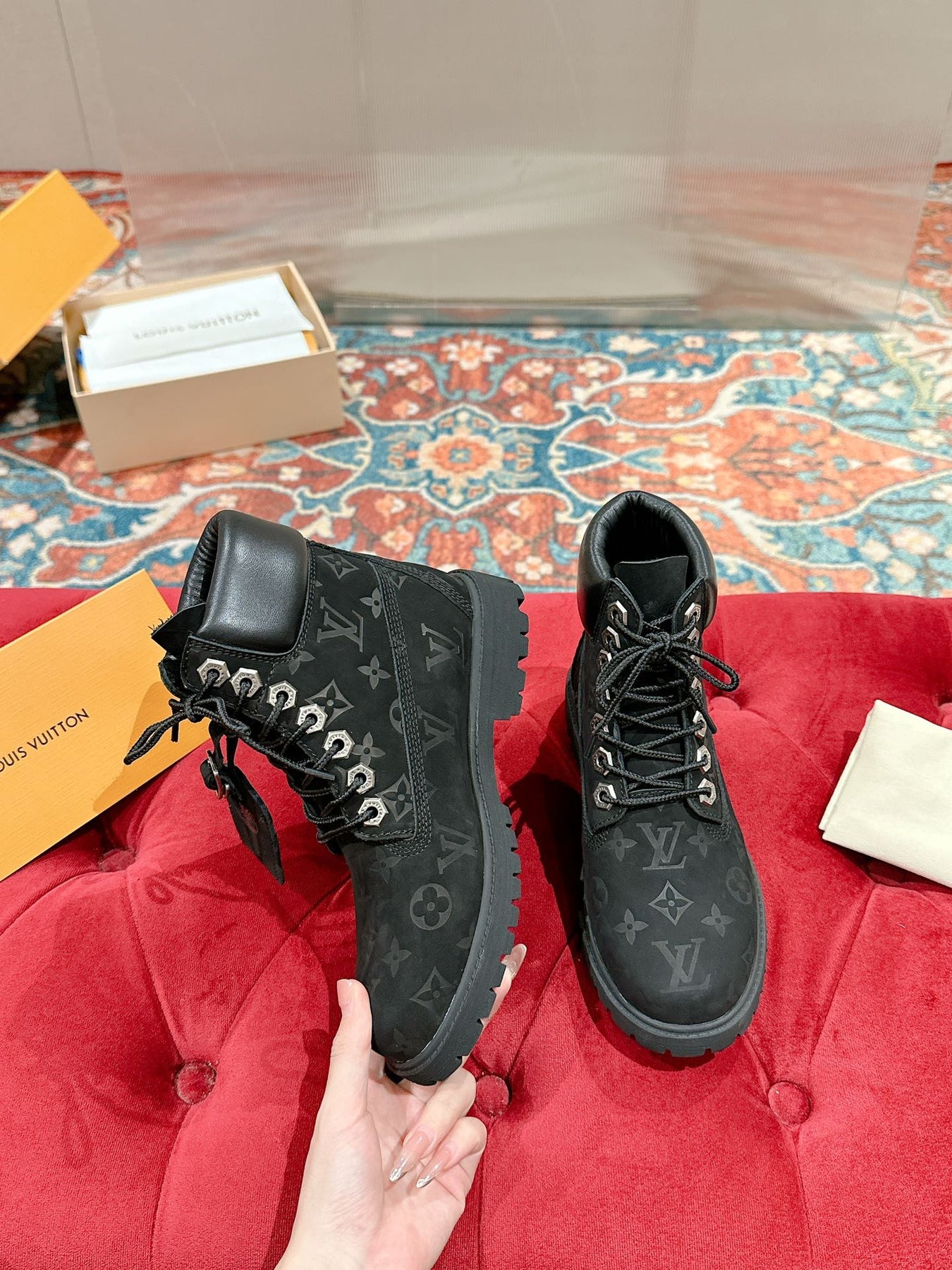 LV X TIMBERLAND ANKLE BOOT IN BLACK MONOGRAM SUEDE