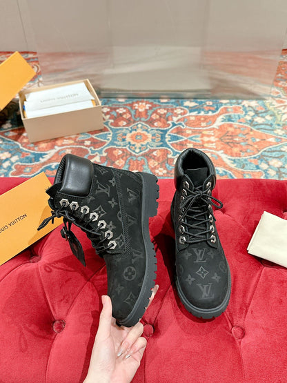 LV X TIMBERLAND ANKLE BOOT IN BLACK MONOGRAM SUEDE