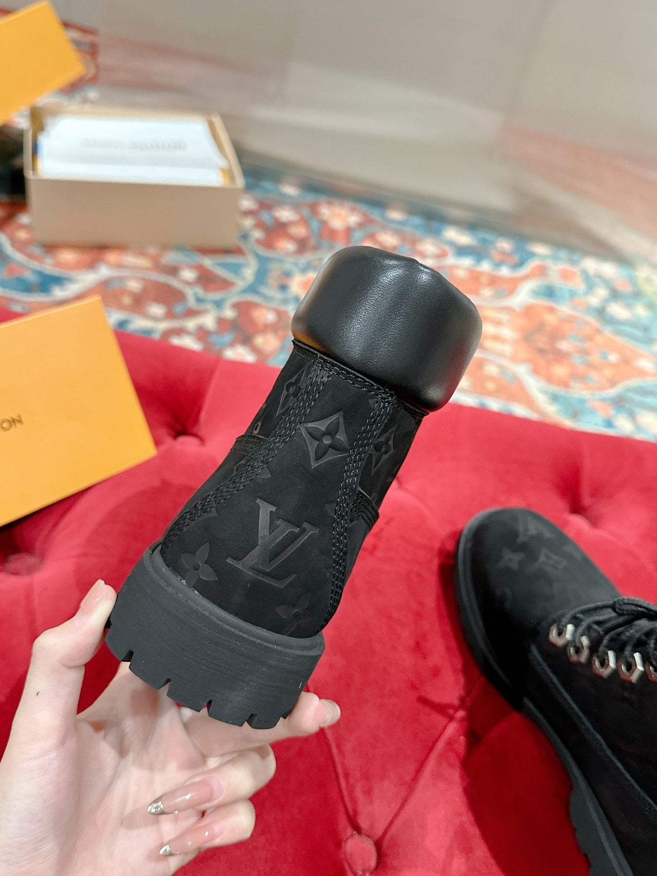 LV X TIMBERLAND ANKLE BOOT IN BLACK MONOGRAM SUEDE