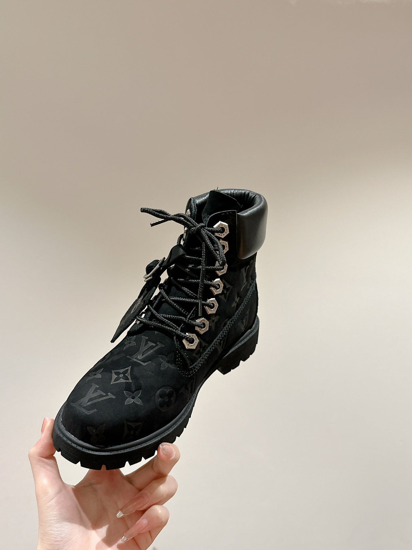 LV X TIMBERLAND ANKLE BOOT IN BLACK MONOGRAM SUEDE