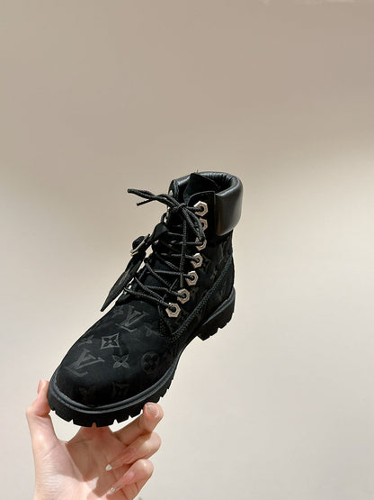 LV X TIMBERLAND ANKLE BOOT IN BLACK MONOGRAM SUEDE