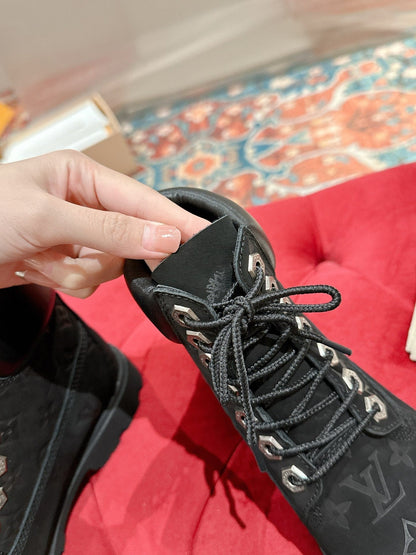 LV X TIMBERLAND ANKLE BOOT IN BLACK MONOGRAM SUEDE