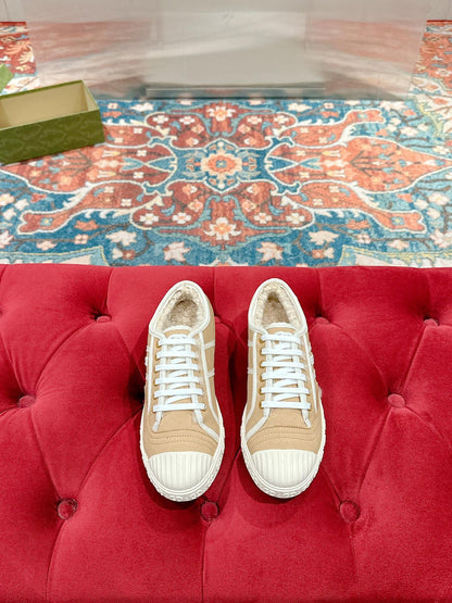 GG CANVAS SNEAKER IN CAMEL BROWN DENIM WITH BEIGE FLEECE LINING