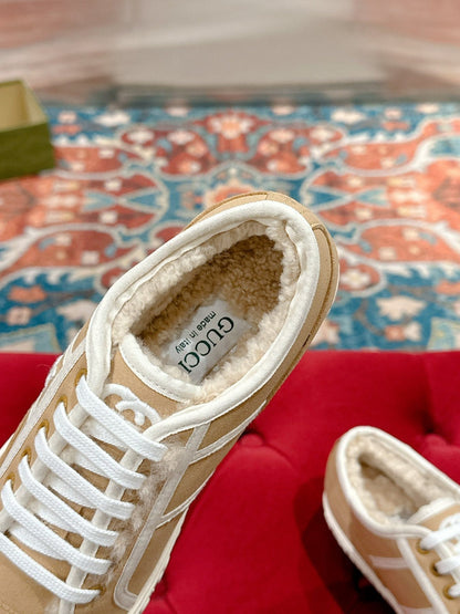 GG CANVAS SNEAKER IN CAMEL BROWN DENIM WITH BEIGE FLEECE LINING