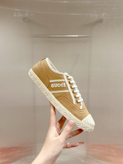 GG CANVAS SNEAKER IN CAMEL BROWN DENIM WITH BEIGE FLEECE LINING