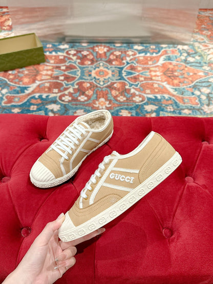 GG CANVAS SNEAKER IN CAMEL BROWN DENIM WITH BEIGE FLEECE LINING