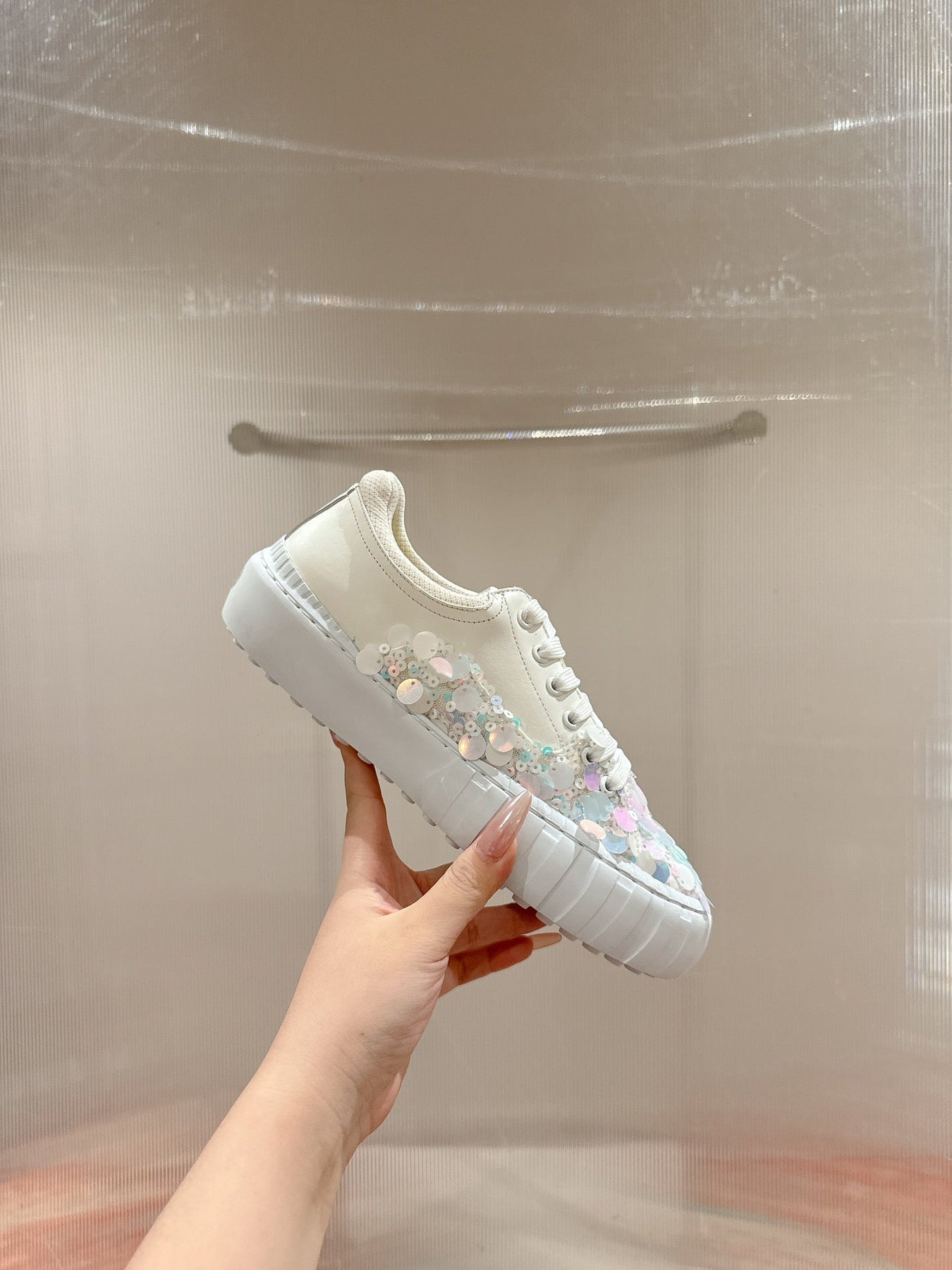 RUNWAY SEQUIN CASUAL SHOES IN WHITE CALFSKIN