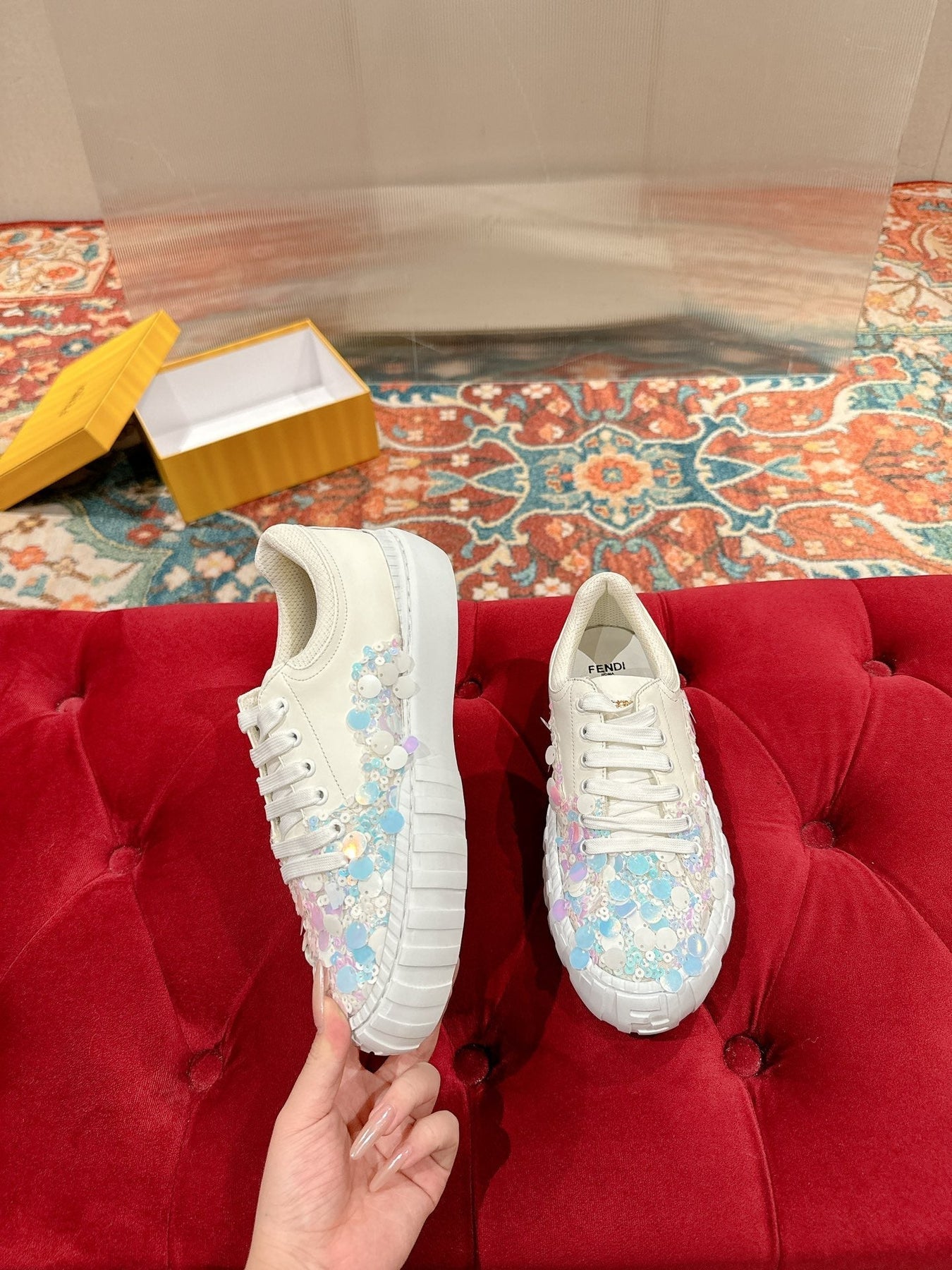 RUNWAY SEQUIN CASUAL SHOES IN WHITE CALFSKIN