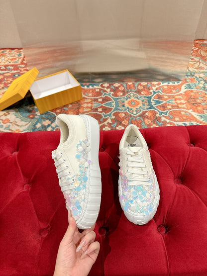 RUNWAY SEQUIN CASUAL SHOES IN WHITE CALFSKIN