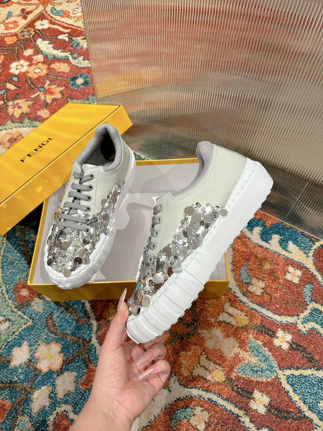 RUNWAY SEQUIN CASUAL SHOES IN PEARL GRAY CALFSKIN