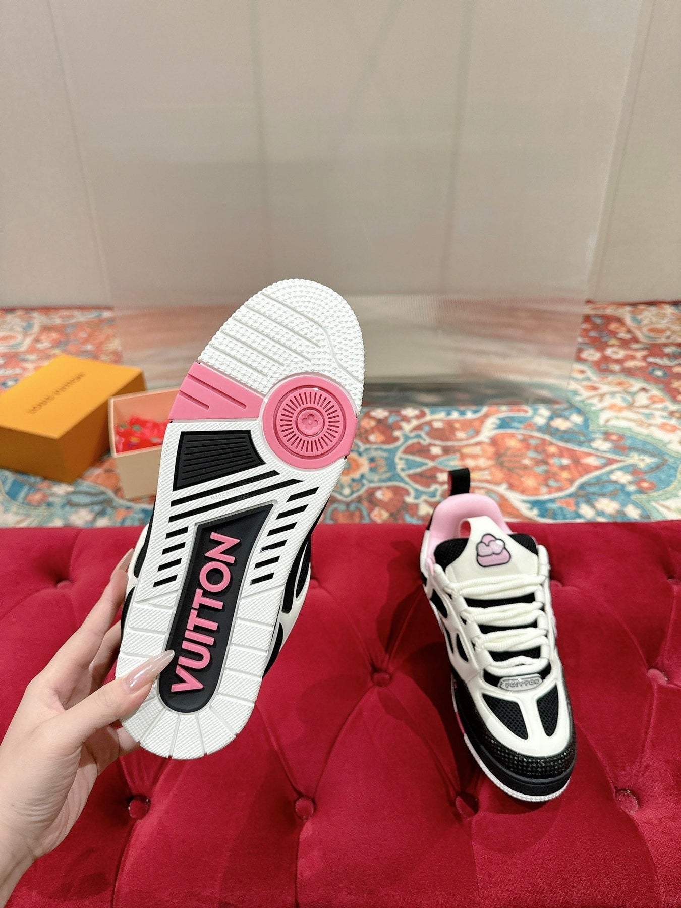 LV SKATE SNEAKER IN WHITE MIX BLACK AND LIGHT PINK CALFSKIN