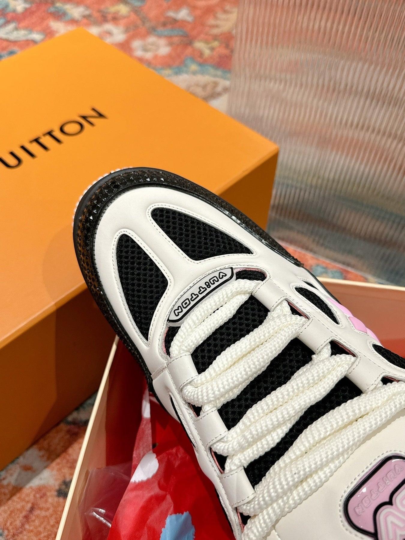 LV SKATE SNEAKER IN WHITE MIX BLACK AND LIGHT PINK CALFSKIN