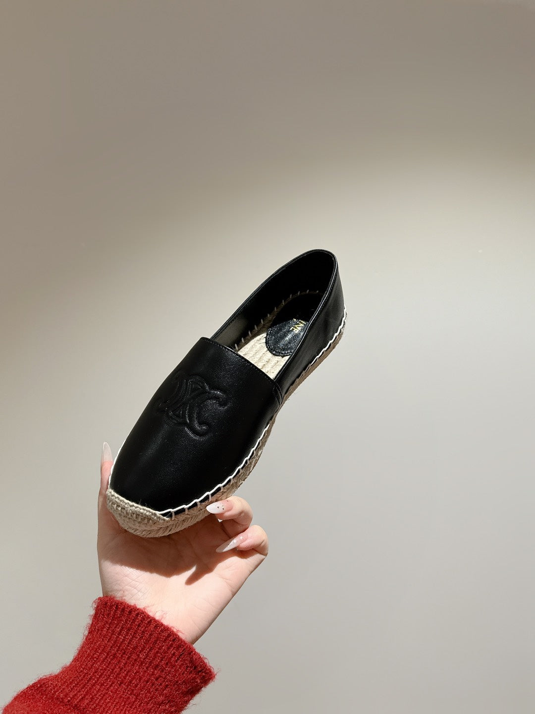 ESPADRILLES BLACK SHINY CALFSKIN EMBOSSED LOGO