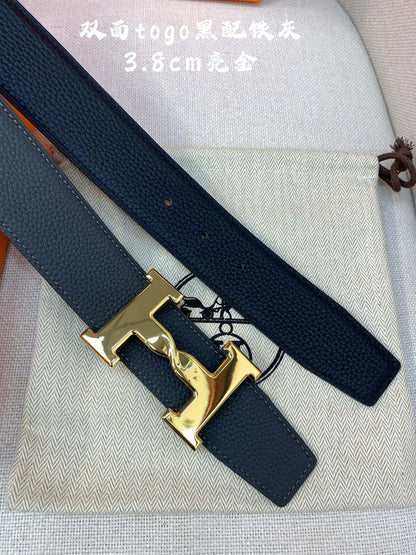 HM H BELT BUCKLE & REVERSIBLE BLACK LEATHER STRAP 38MM GOLD HARDWARE