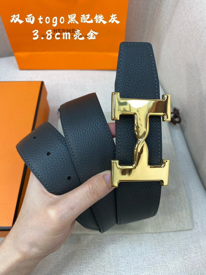 HM H BELT BUCKLE & REVERSIBLE BLACK LEATHER STRAP 38MM GOLD HARDWARE