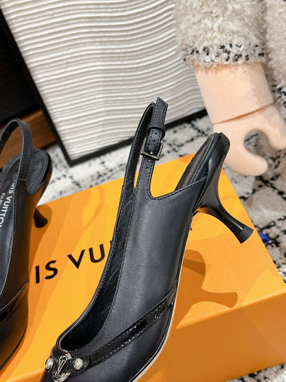 HIGH HEEL 4 CM SLINGBACKS IN BLACK CALFSKIN