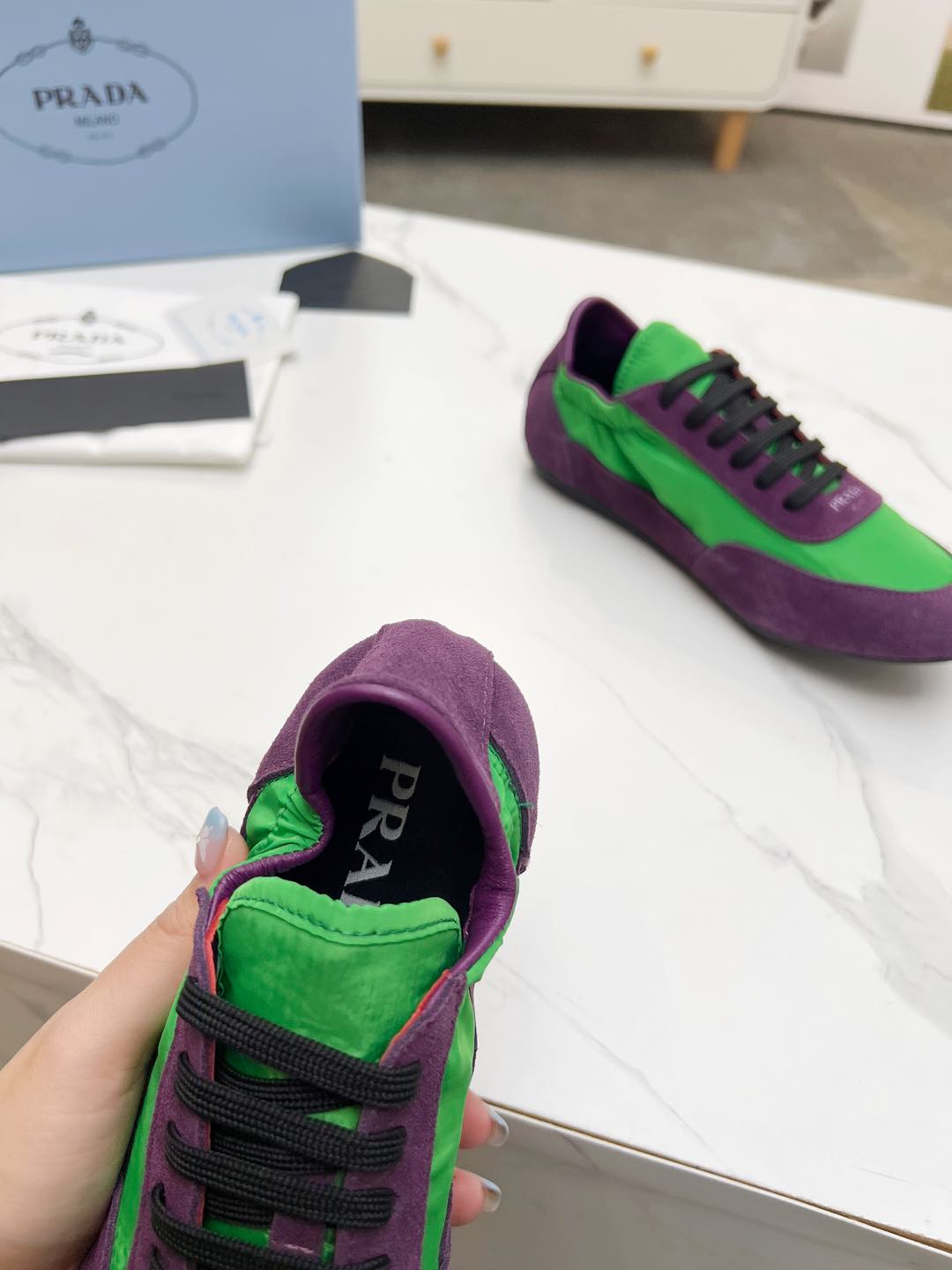 COLLAPSE SNEAKERS IN PURPLE SUEDE AND GREEN NYLON