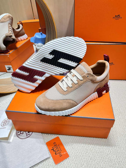 BOUNCING SNEAKER IN PEANUT BROWN SUEDE AND WHITE KNIT