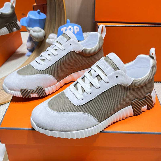 BOUNCING SNEAKER IN PALE GRAY SUEDE AND WOOD BROWN KNIT