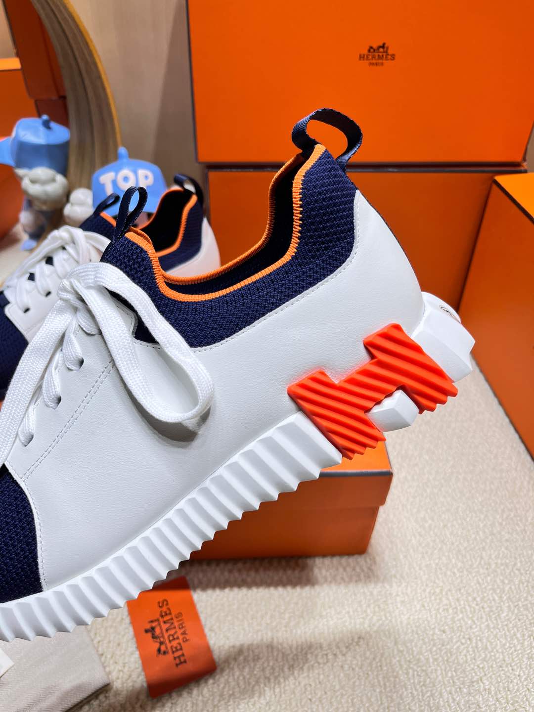 DEPART SLIP-ON SNEAKER IN NAVY BLUE KNIT AND WHITE CALFSKIN