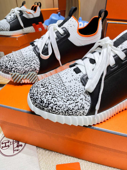 DEPART SLIP-ON SNEAKER IN WHITE MIX BLACK KNIT AND BLACK CALFSKIN