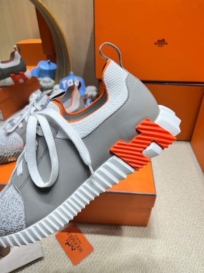 DEPART SLIP-ON SNEAKER IN WHITE MIX MOUSE GRAY KNIT AND CALFSKIN