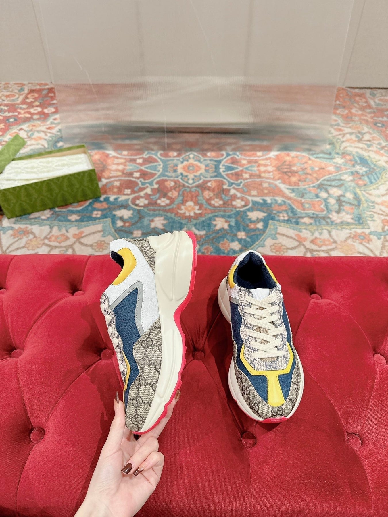 GG RHYTON TRAINER LIGHT BROWN AND LEMON CALFSKIN