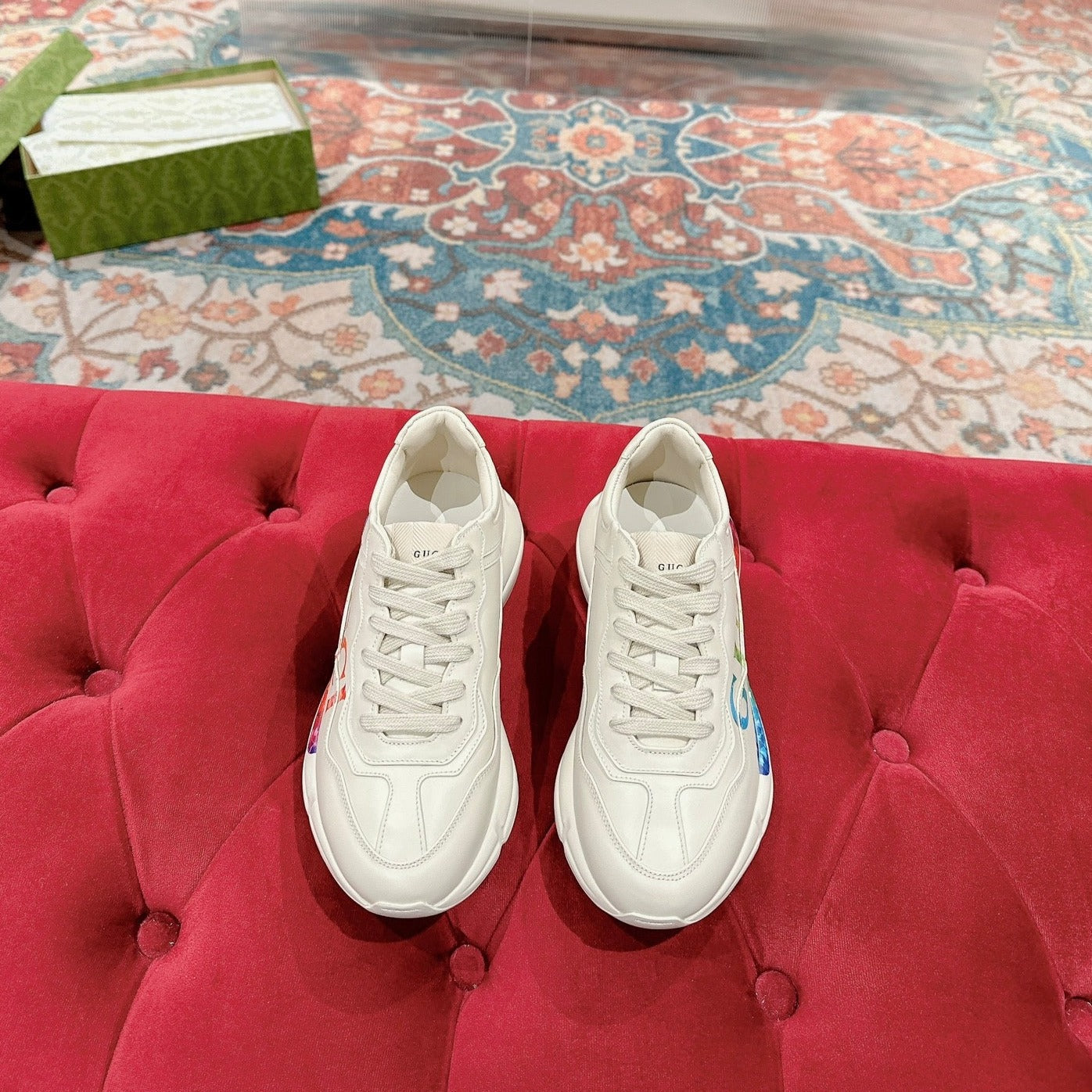 GG RHYTON TRAINER WHITE CALFSKIN WITH MULTI PATTERNS