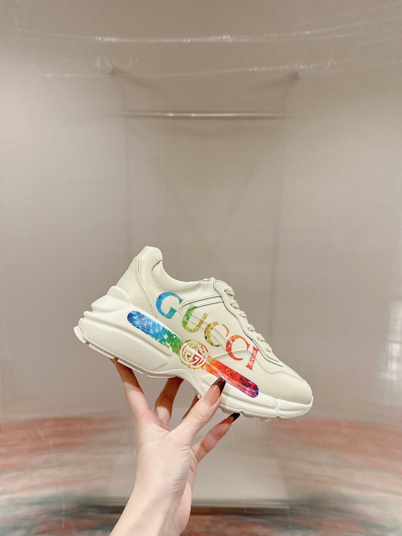 GG RHYTON TRAINER WHITE CALFSKIN WITH MULTI PATTERNS