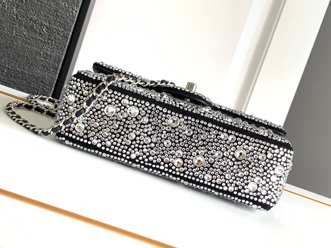 CC MINI 20 FLAP BAG IN SILVER SATIN RHINSTONES EMBELLISHED