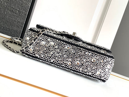 CC MINI 20 FLAP BAG IN SILVER SATIN RHINSTONES EMBELLISHED