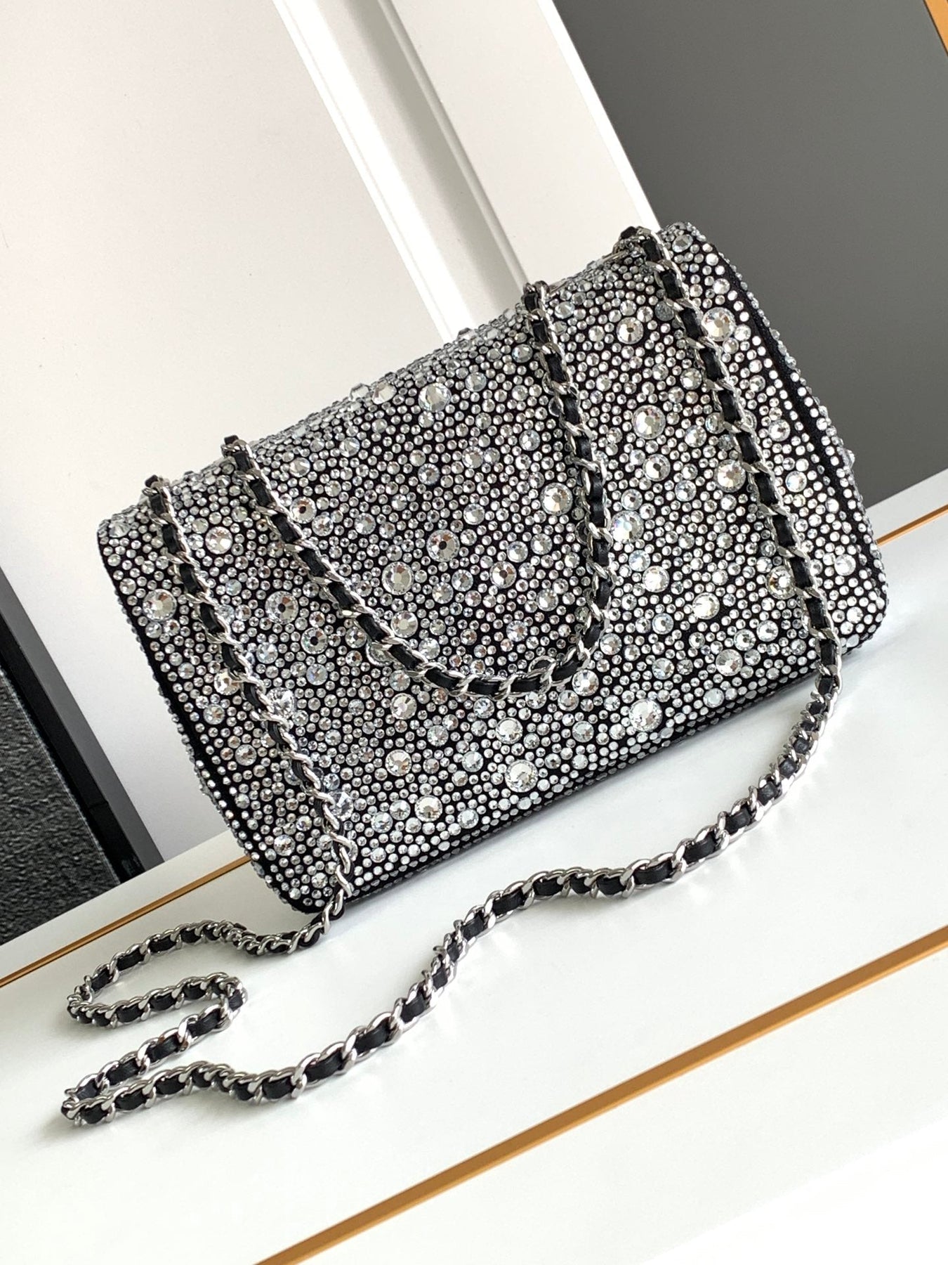 CC MINI 20 FLAP BAG IN SILVER SATIN RHINSTONES EMBELLISHED
