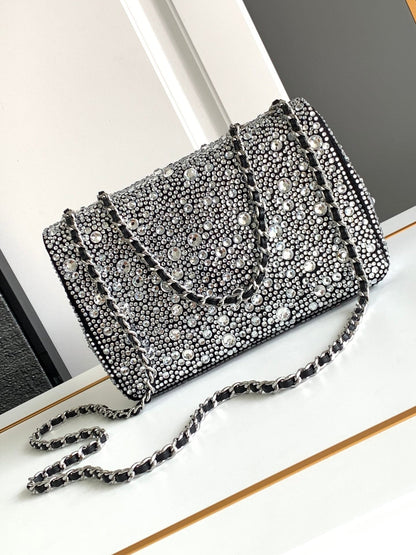 CC MINI 20 FLAP BAG IN SILVER SATIN RHINSTONES EMBELLISHED