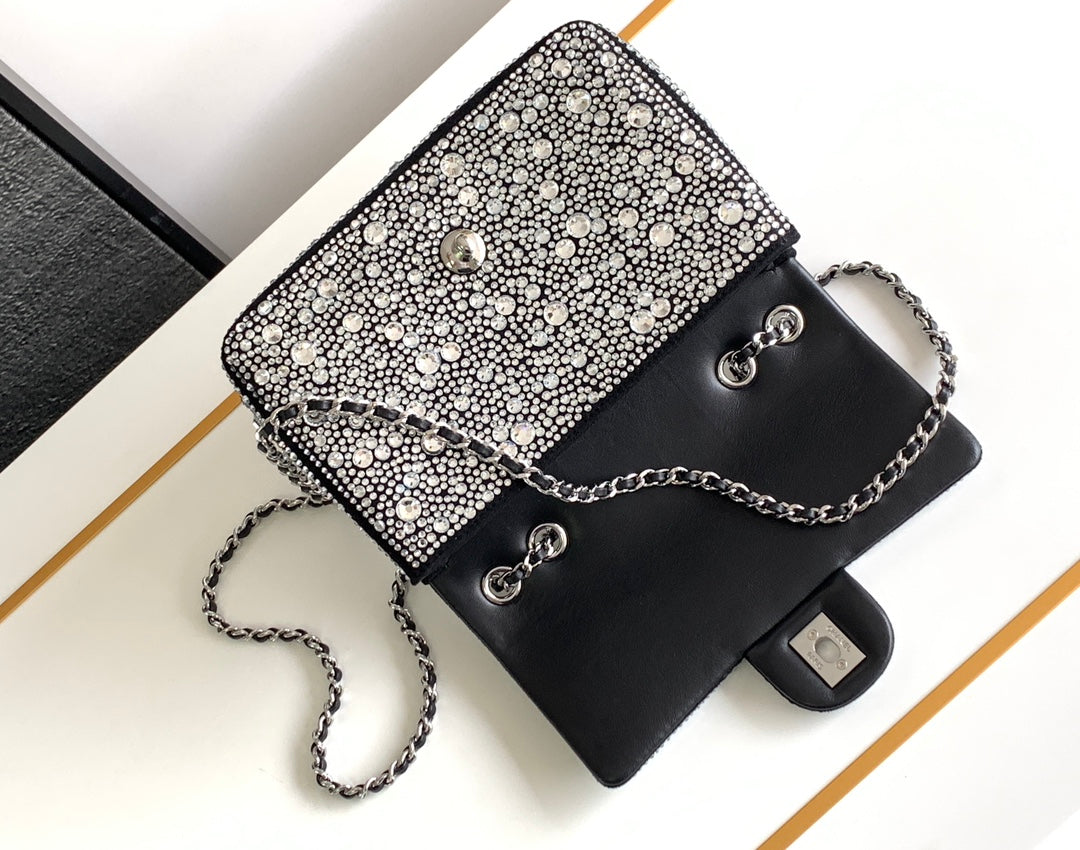 CC MINI 20 FLAP BAG IN SILVER SATIN RHINSTONES EMBELLISHED