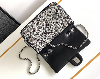CC MINI 20 FLAP BAG IN SILVER SATIN RHINSTONES EMBELLISHED