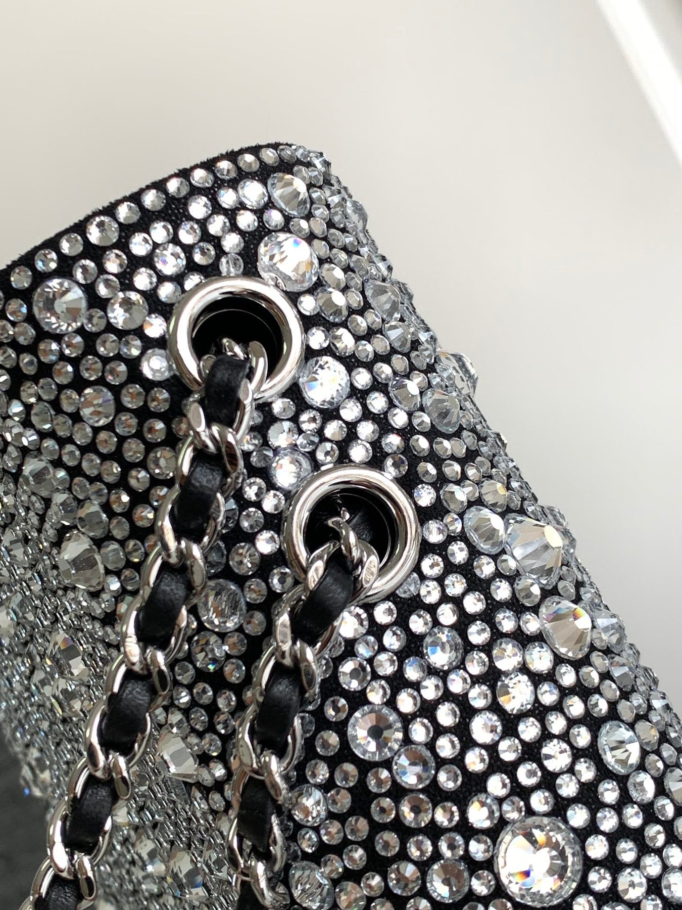 CC MINI 20 FLAP BAG IN SILVER SATIN RHINSTONES EMBELLISHED