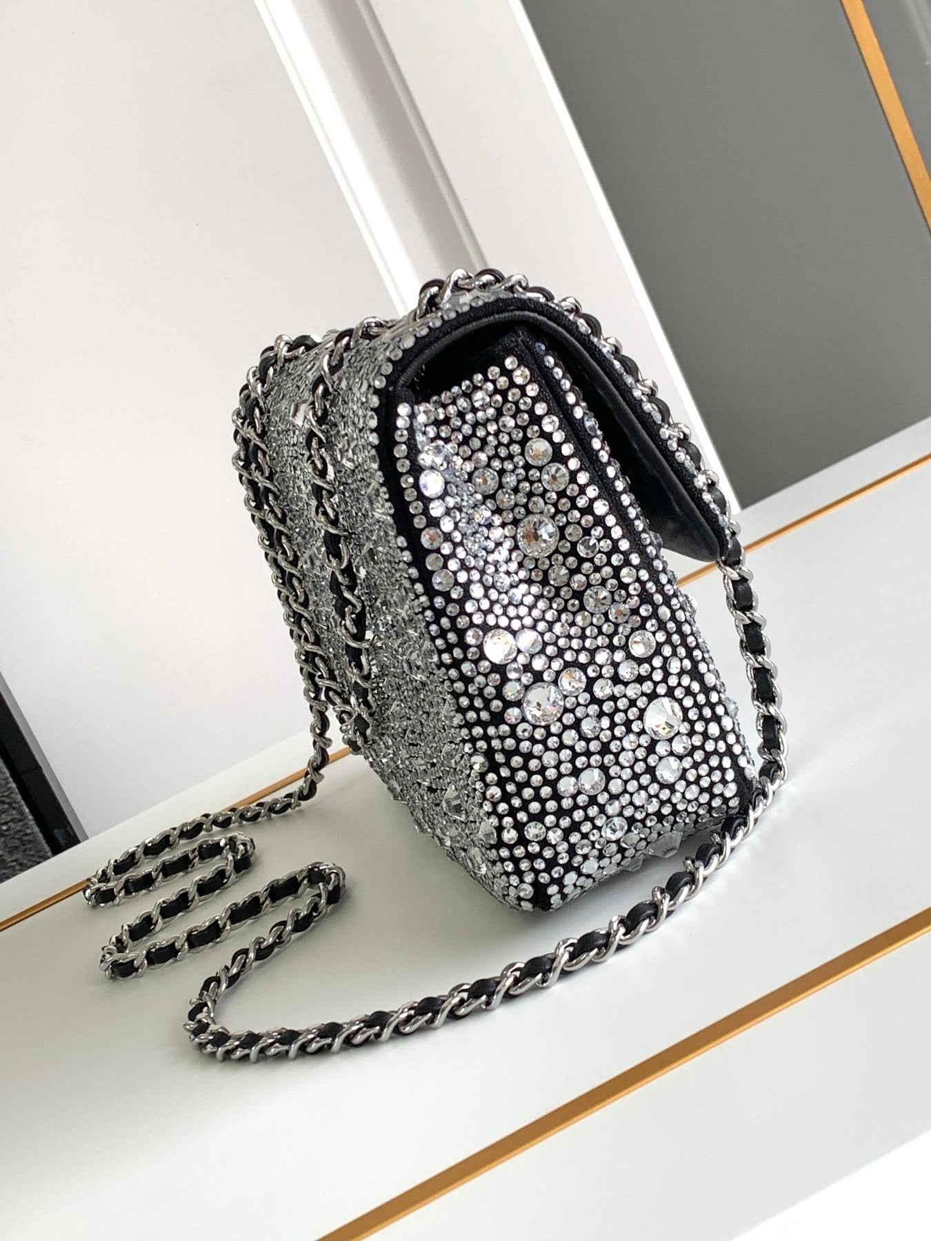 CC MINI 20 FLAP BAG IN SILVER SATIN RHINSTONES EMBELLISHED