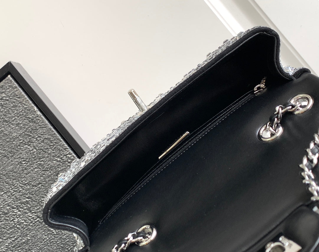 CC MINI 20 FLAP BAG IN SILVER SATIN RHINSTONES EMBELLISHED