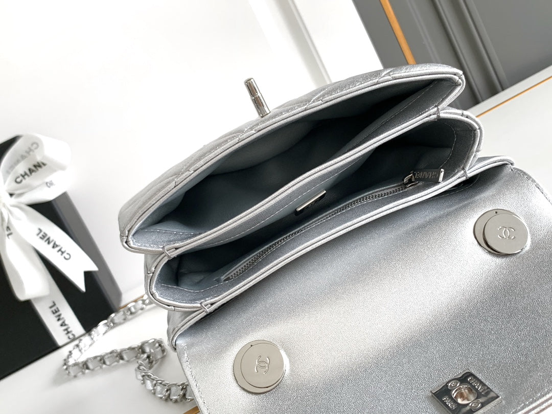 CC MINI 19 FLAP BAG IN SILVER CALFSKIN