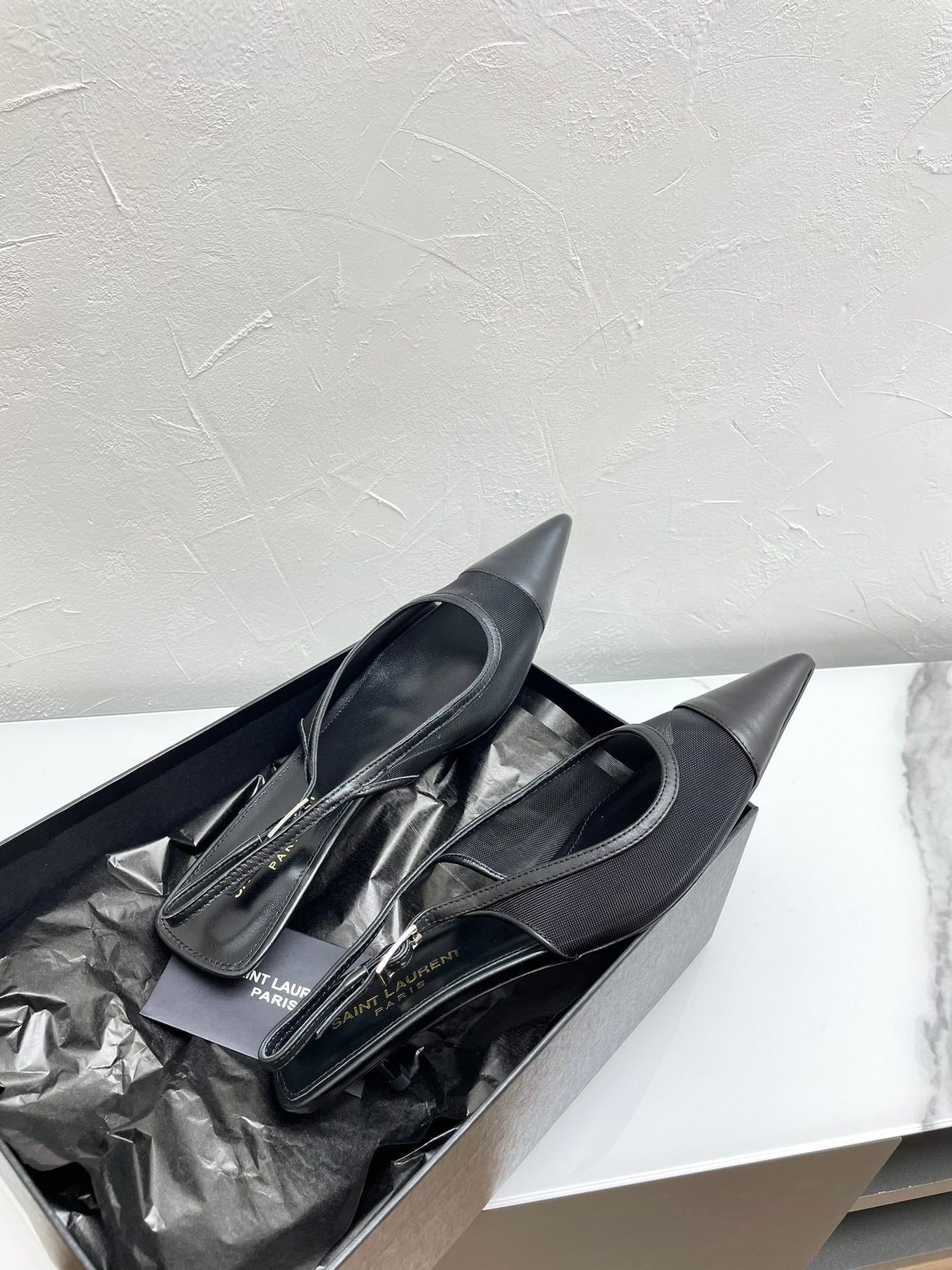 OXALIS SLINGBACK PUMPS 30 IN MESH BLACK LEATHER