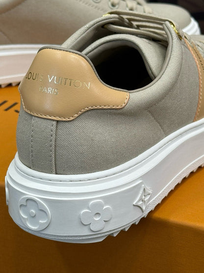 LV TIME OUT SNEAKER IN PASTEL GRAY MIX MACAROON GOLD CANVAS