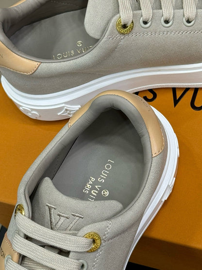 LV TIME OUT SNEAKER IN PASTEL GRAY MIX MACAROON GOLD CANVAS