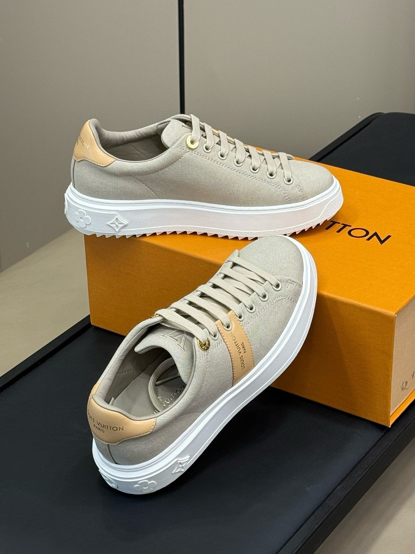 LV TIME OUT SNEAKER IN PASTEL GRAY MIX MACAROON GOLD CANVAS