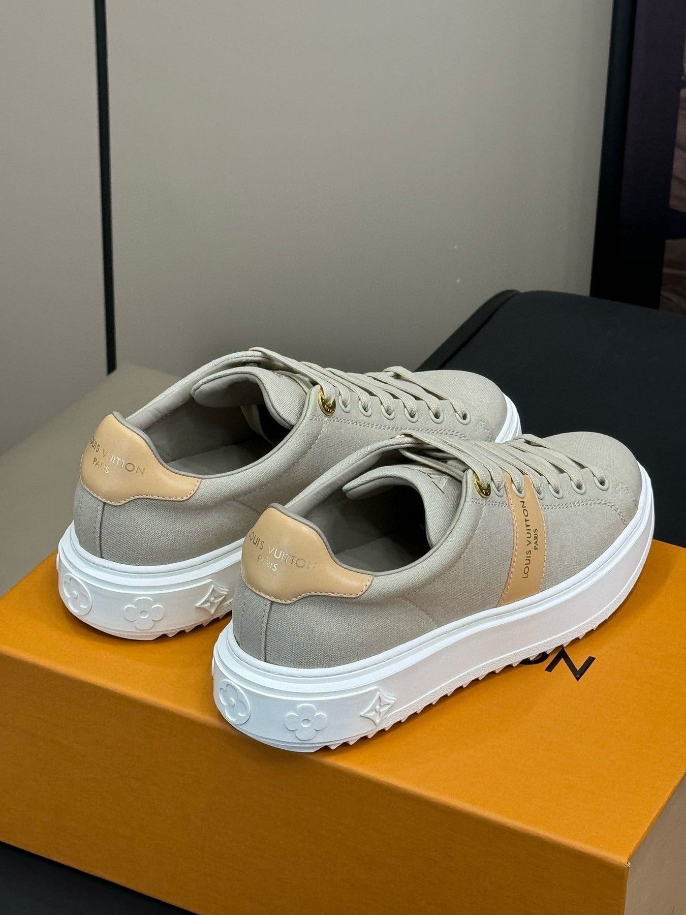 LV TIME OUT SNEAKER IN PASTEL GRAY MIX MACAROON GOLD CANVAS