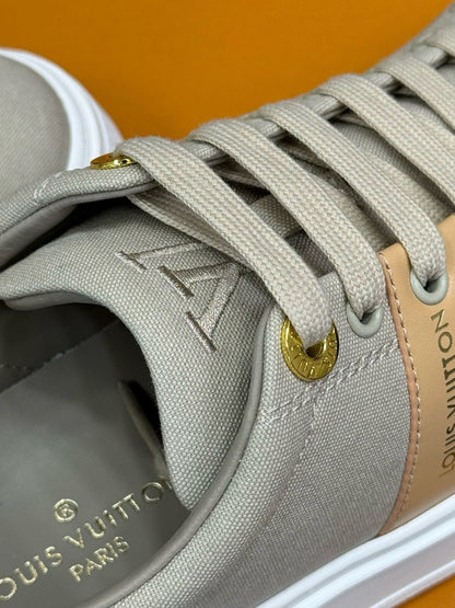 LV TIME OUT SNEAKER IN PASTEL GRAY MIX MACAROON GOLD CANVAS