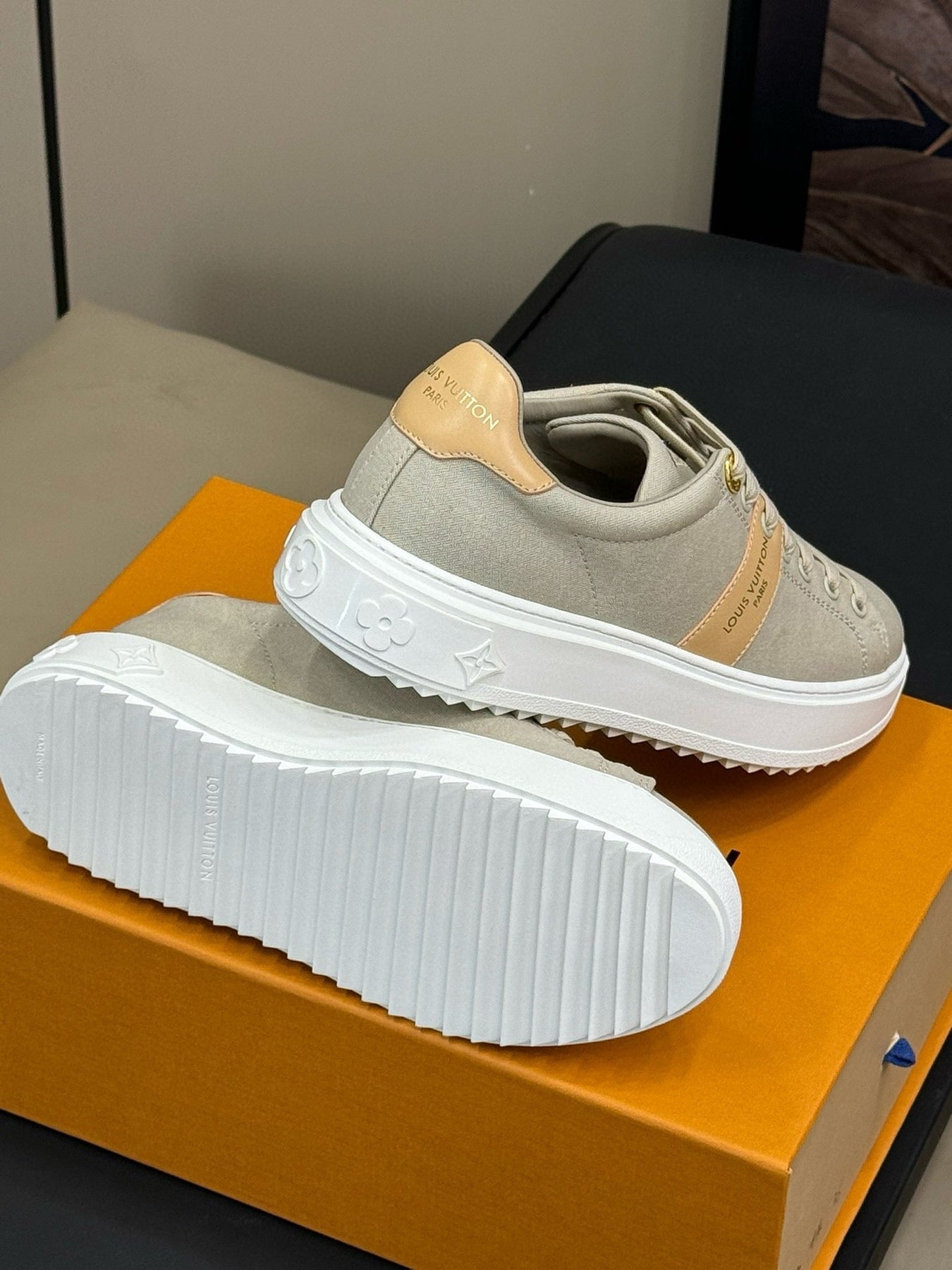 LV TIME OUT SNEAKER IN PASTEL GRAY MIX MACAROON GOLD CANVAS