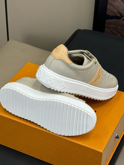 LV TIME OUT SNEAKER IN PASTEL GRAY MIX MACAROON GOLD CANVAS