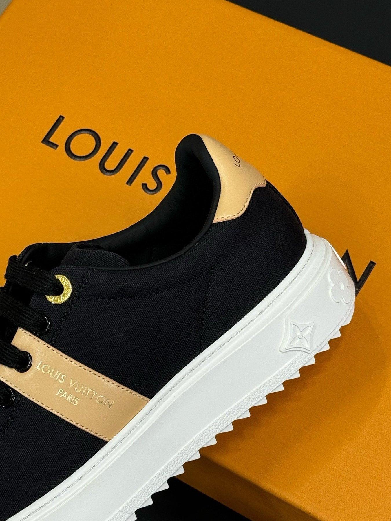 LV TIME OUT SNEAKER IN BLACK MIX MACAROON GOLD CANVAS